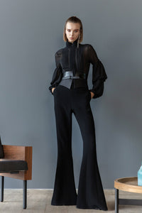 Her Trove - Jet black jumpsuit with crepe georgette top