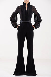 Her Trove - Jet black jumpsuit with crepe georgette top