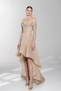 HerTrove-Draped shoulders skin tulle beaded gown