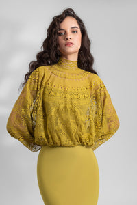 HerTrove-Intricated lace top with crepe skirt