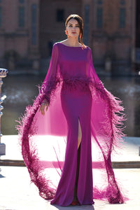 HerTrove-Mermaid crepe dress with feathered cape