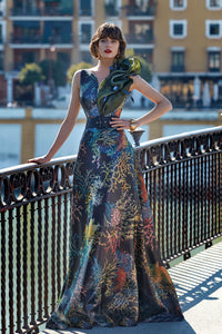 HerTrove-Metallic gazar dress adorned with feathers